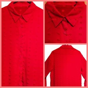 Swiss Dot Chiffon Fabric Red Long Sleeve Women’s Blouse-XL